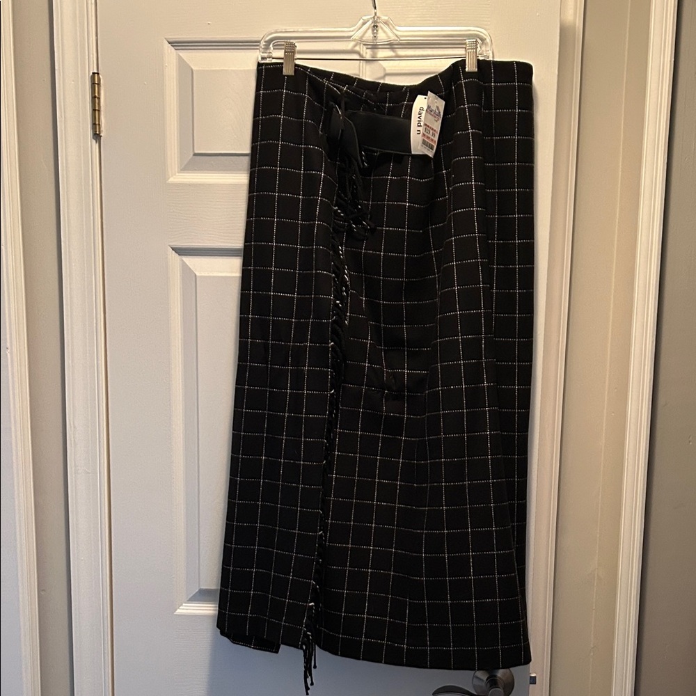 Black Checkered Wrap Around Women's Skirt with Side Fringe